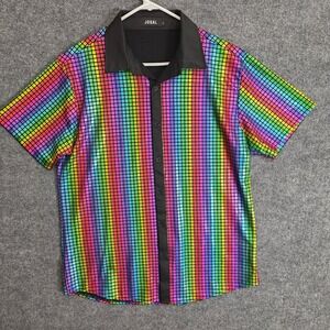 JOGAL Shirt Mens Large Rainbow Metallic Disco Short Sleeve Button Up Party Pride